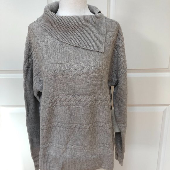 True Flint Heather Split Neck Cable Sweater